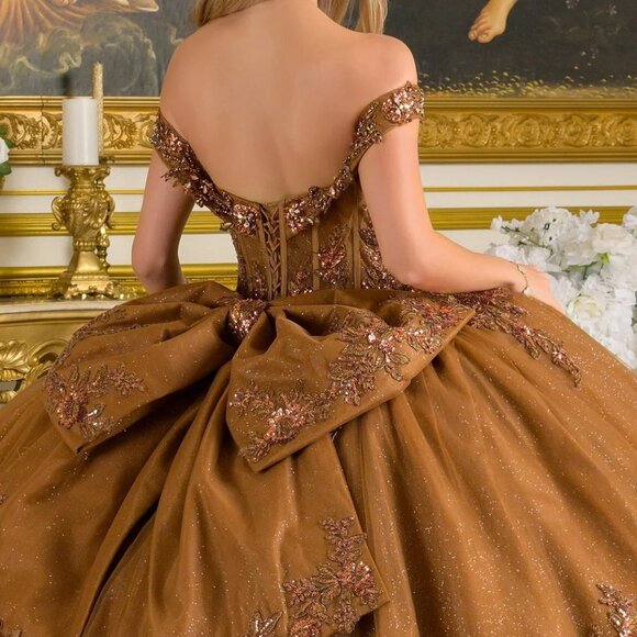 New Brown Beaded Quinceanera Tulle Dress w/ Layered Skirt & Back Bow GL3811 - Picture 11 of 15